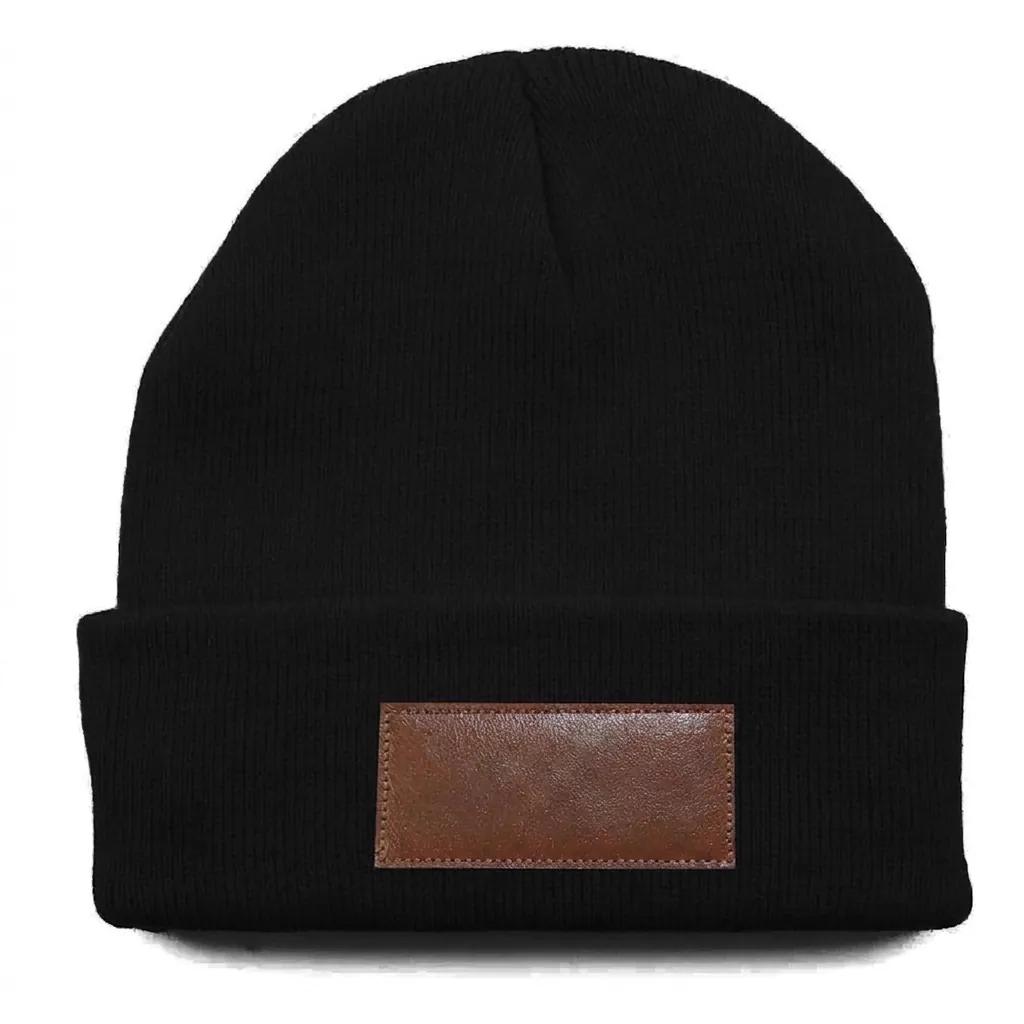 Classic Cuff Beanie with Leather Patch in Black