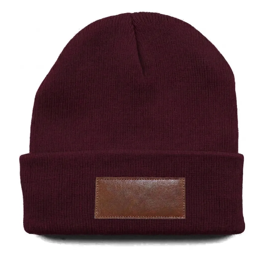 Classic Cuff Beanie with Leather Patch in Burgundy
