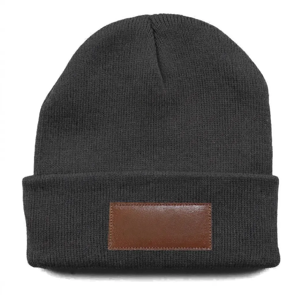 Classic Cuff Beanie with Leather Patch in Charcoal