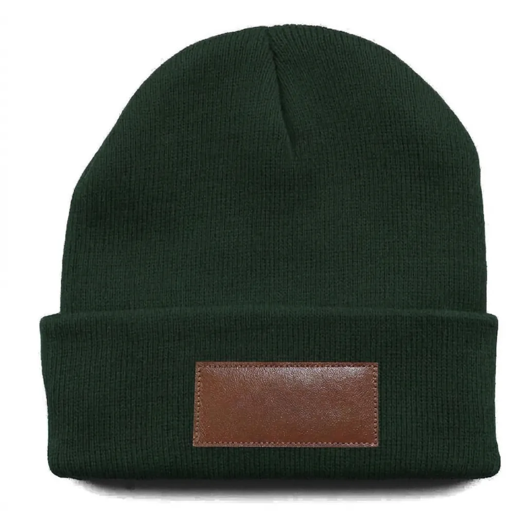 Classic Cuff Beanie with Leather Patch in Dark Green