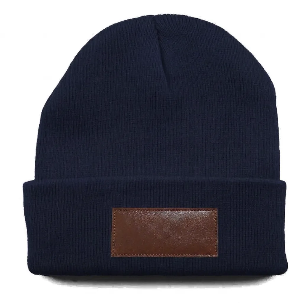 Classic Cuff Beanie with Leather Patch in Navy