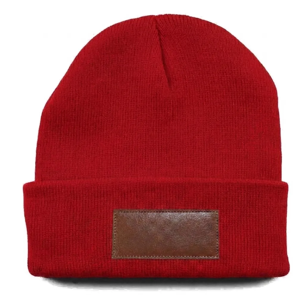 Classic Cuff Beanie with Leather Patch in Red