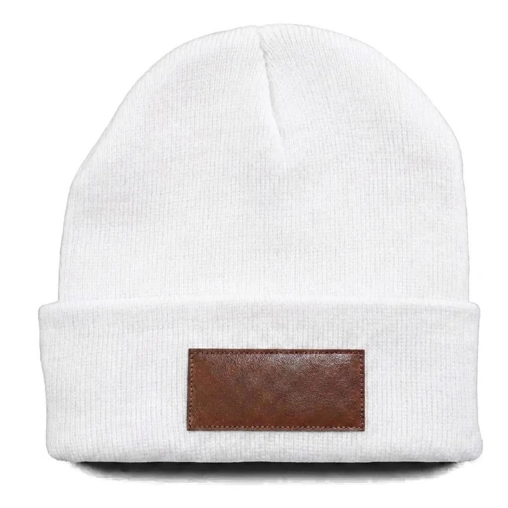 Classic Cuff Beanie with Leather Patch in White