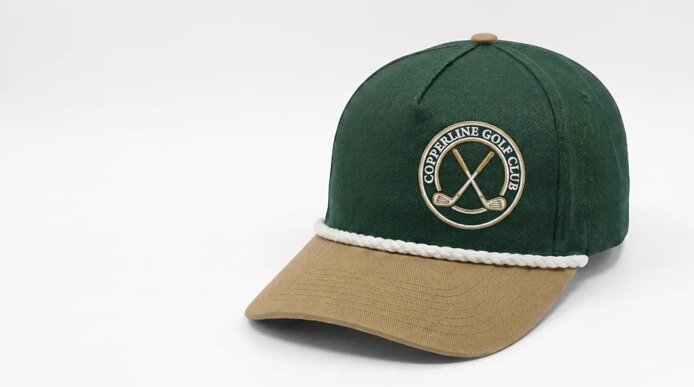 Style 1520 Two Tone Five Panel in Dark Green and Khaki with Copperline Golf Club crest and solid white rope