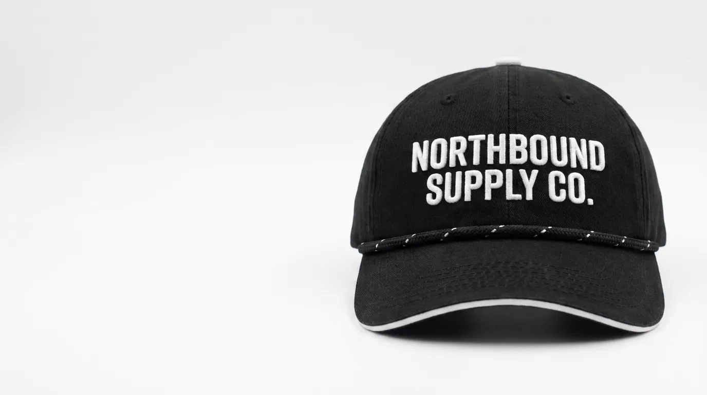 Style 1100 Half Sandwich in Black with Northbound Supply Co. embroidery and black-white rope
